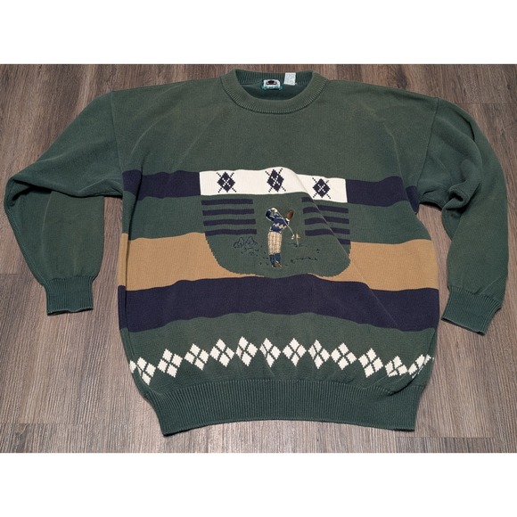 IZOD Golf Sweater Mens XL Green Argyle Stripe Embroidered Pullover Knitwear - Picture 1 of 4